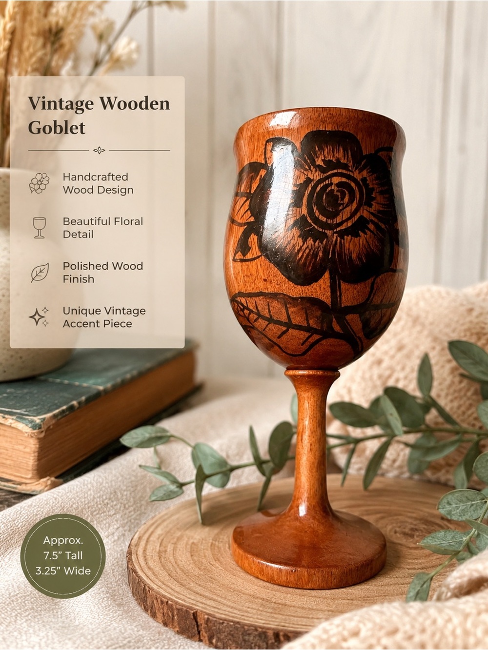 Vintage Hand Painted Goblet - Floral Folk Art Work Cup - Boho Rustic Decor